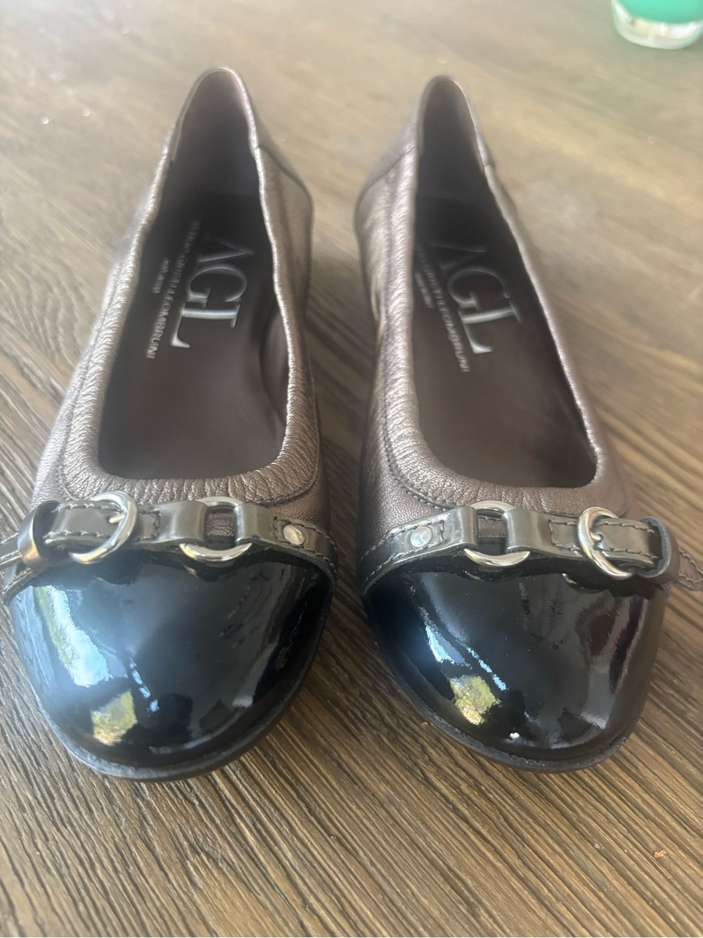 AGL Leather Flats bronze/metallic with Black Patent Cap Toe